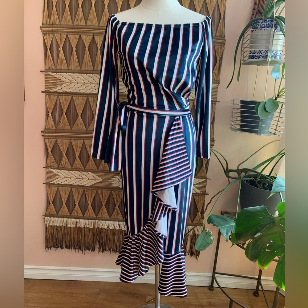 BNWT L’Atiste Nautical Blue, Red & White Striped Faux Wrap Dress